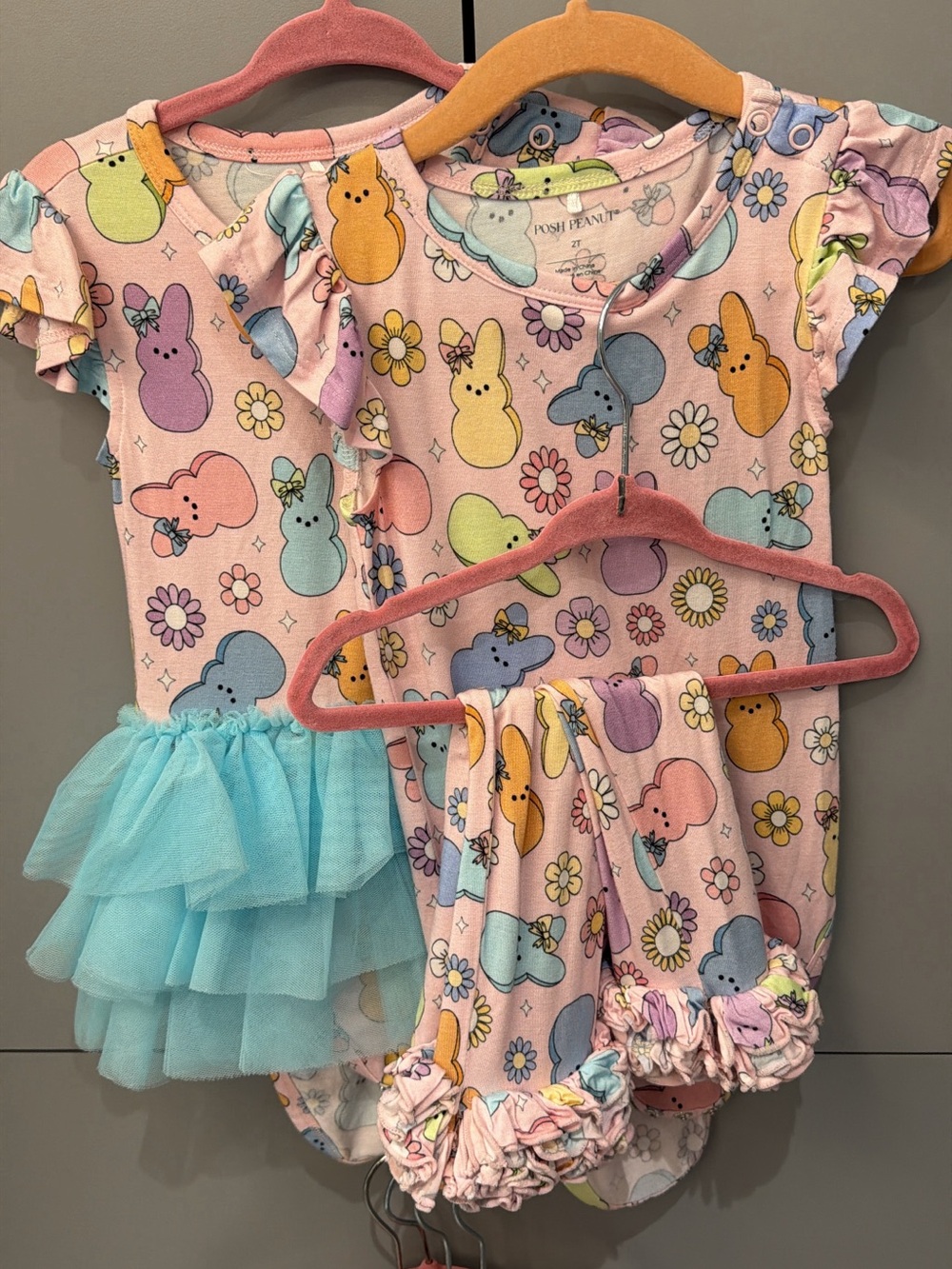 Posh Peanut 2T Puff Sleeve Tutu One-Piece with Pastel Peeps Print - Pink & Aqua